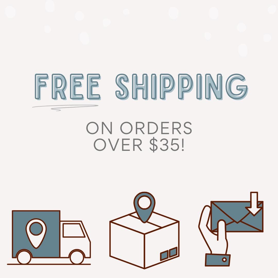 a white background with a blue and brown image of a box and a hand holding - free shipping on orders over $35