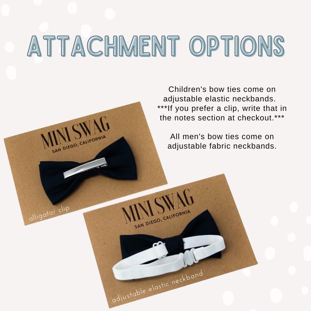 mini swag bow tie attachment options. adjustable elastic neckband or alligator clip