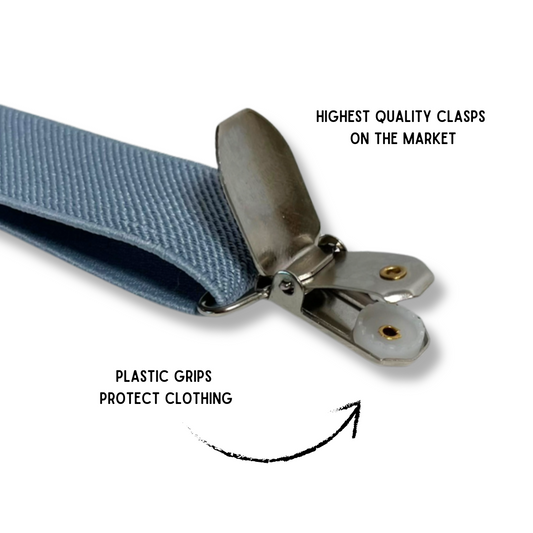 a close up of a dusty blue strap with metal clips