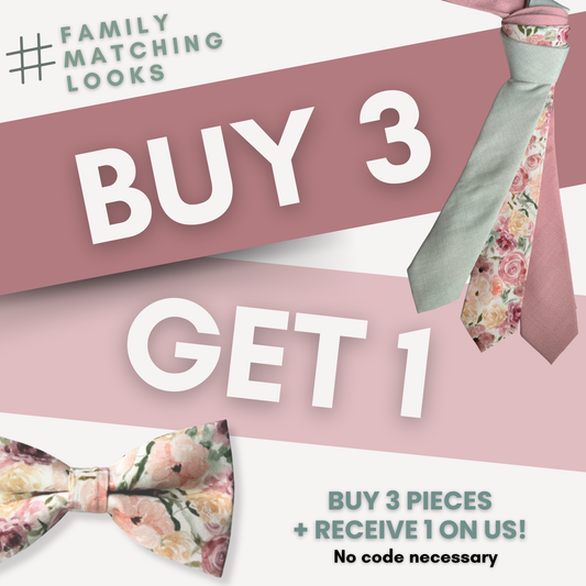 Promotional graphic for floral ties and bow tie with text on a pink and white background