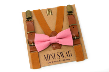 Dusty Rose Bow Tie & Camel Leather Suspenders