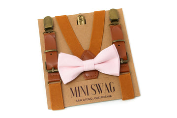 Blush Bow Tie & Camel Leather Suspenders