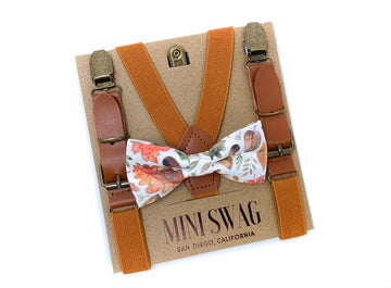 Fall Leaves Bow Tie & Camel Leather Suspenders