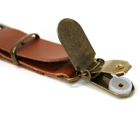 Khaki Leather Suspenders with Buckle and Antiqued Hardware, Close Up, Baby, Toddler, Youth, Adult