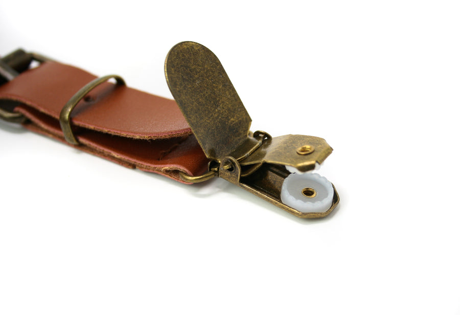 Camel Leather Suspenders with Buckle and Antiqued Hardware Clasp