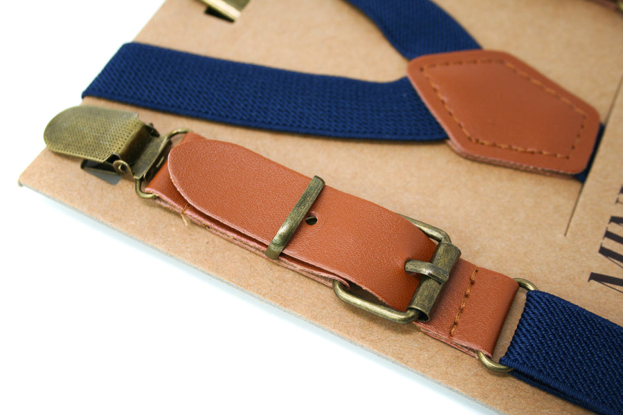 Navy Blue Leather Buckle Suspenders