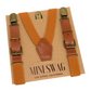 Camel suspenders with brown leather buckles on a Mini Swag branded card.
