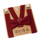 Burgundy bow tie and suspenders set on a Mini Swag branded card