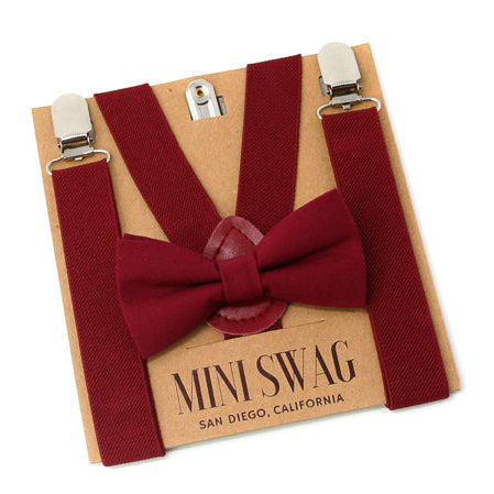 Burgundy bow tie and suspenders set on a Mini Swag branded card