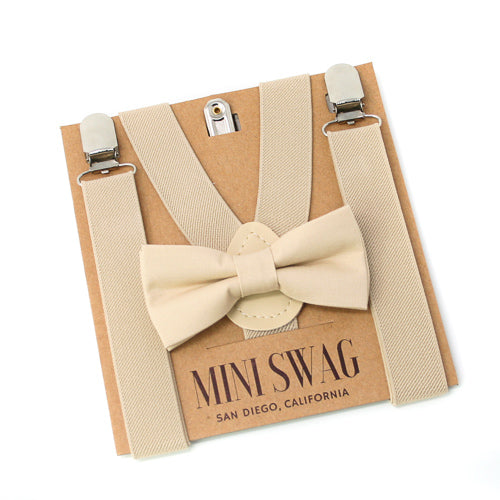 Beige bow tie and suspenders set on a 'Mini Swag' branded card Champagne khaki tan