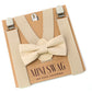 Beige bow tie and suspenders set on a 'Mini Swag' branded box.