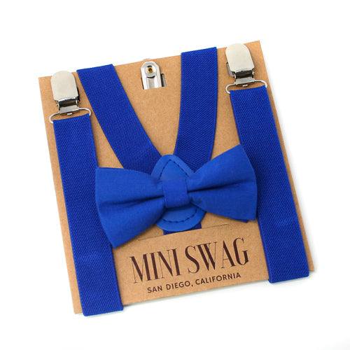 Royal Blue (cobalt) bow tie and suspenders set on a Mini Swag branded card. sapphire, azure