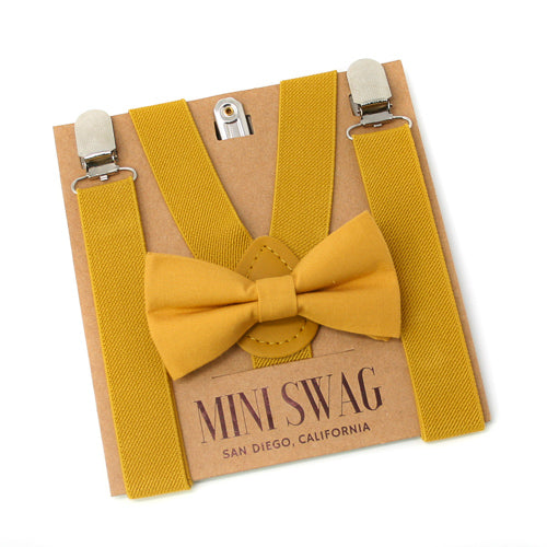 Mustard Yellow suspenders and bow tie set on a 'Mini Swag' branded card