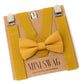 Mustard  Yellow bow tie and suspenders set on a 'Mini Swag' branded card.