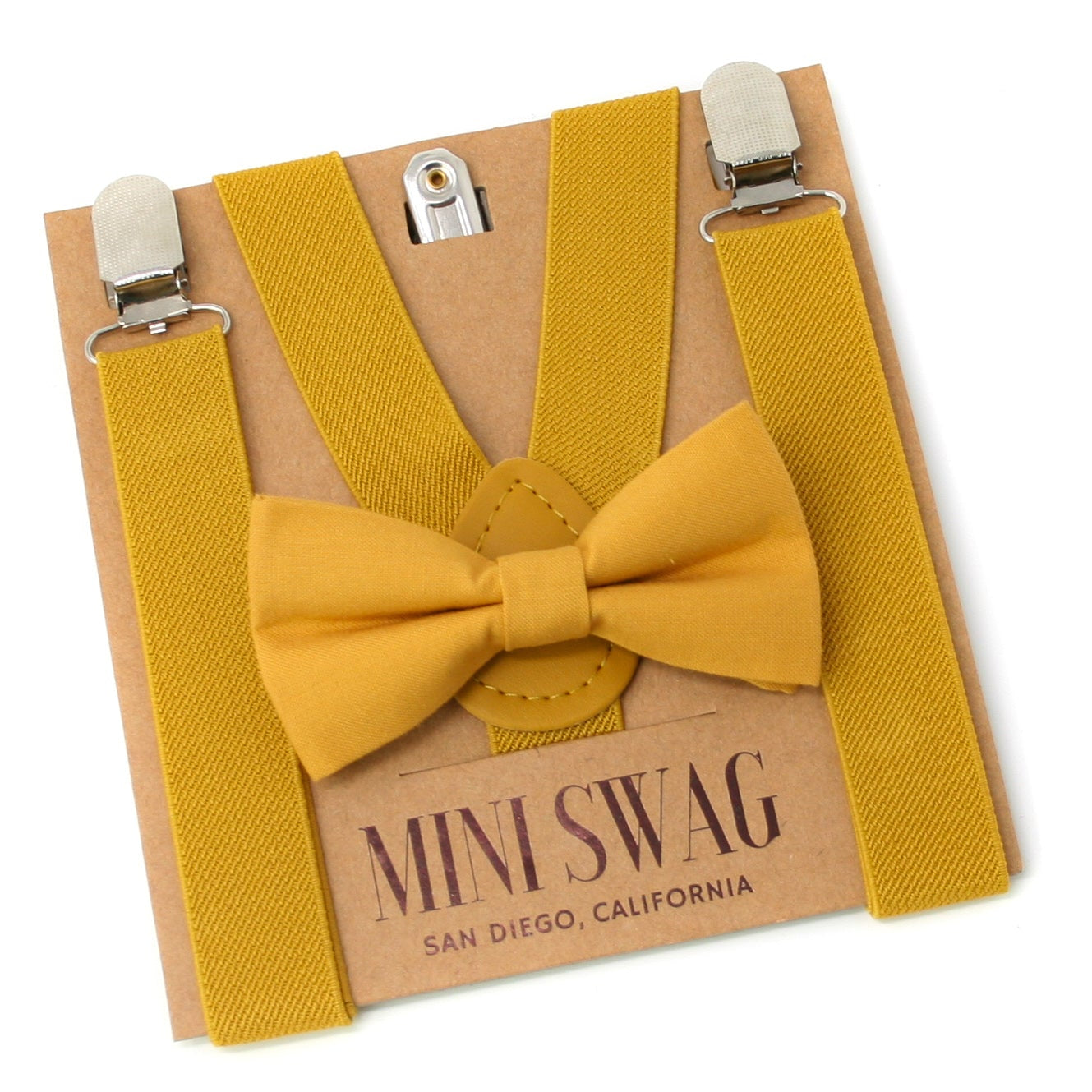 Mustard  Yellow bow tie and suspenders set on a 'Mini Swag' branded card.