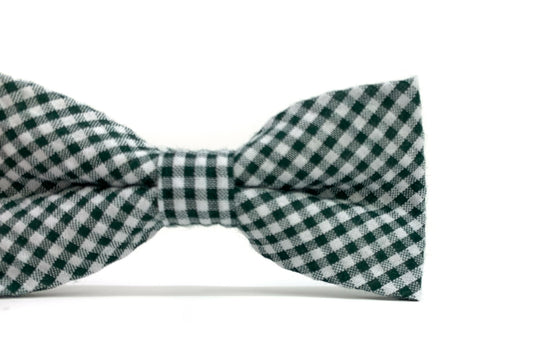Green and white checkered gingham bow tie on a white background