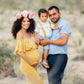 Family of three posing outdoors in a desert-like setting Mustard  yellow bow tie suspenders, pregnancy photo shoot