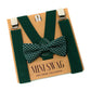 Green suspenders and bow tie set on a Mini Swag branded card