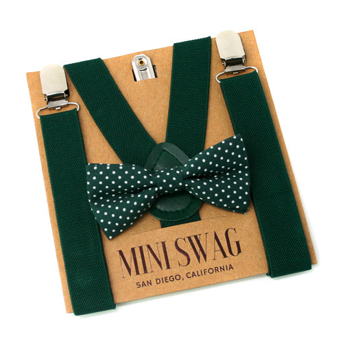 Green suspenders and bow tie set on a Mini Swag branded card