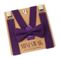 Plum Purple bow tie and suspenders set on a cardboard box with 'Mini Swag' branding.