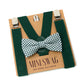 Green suspenders and checkered gingham bow tie on a Mini Swag branded card