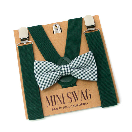 Green suspenders and checkered gingham bow tie on a Mini Swag branded card