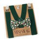 Green suspenders and Santa Claus patterned bow tie on a 'Mini Swag' branded card.