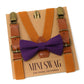 Camel brown suspenders with brown leather straps and a Plum purple bow tie on a 'Mini Swag' branded box.