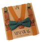 Brown suspenders with gold clips and a green polka dot bow tie on a 'Mini Swag' branded card.