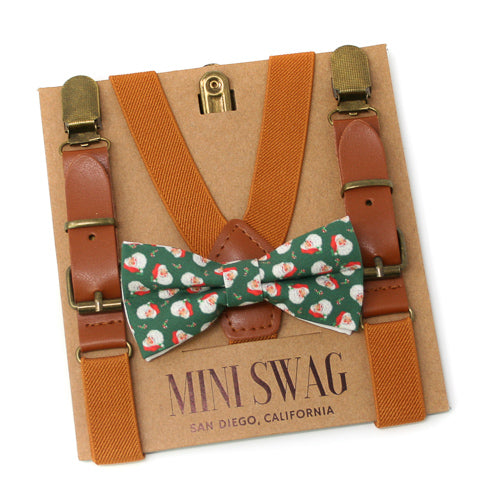 Suspenders and bow tie set with 'Mini Swag' branding on a cardboard backing.