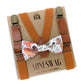 brown leather buckle Suspenders with a fall leaves bow tie on a Mini Swag branded card for boys baby men 