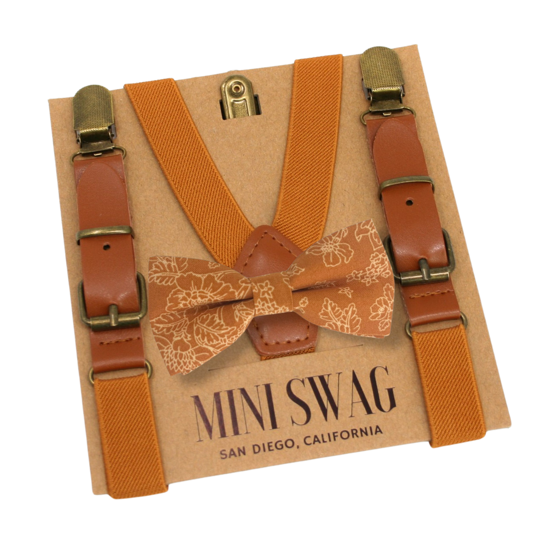 Brown suspenders and bow tie set on a 'Mini Swag' branded card