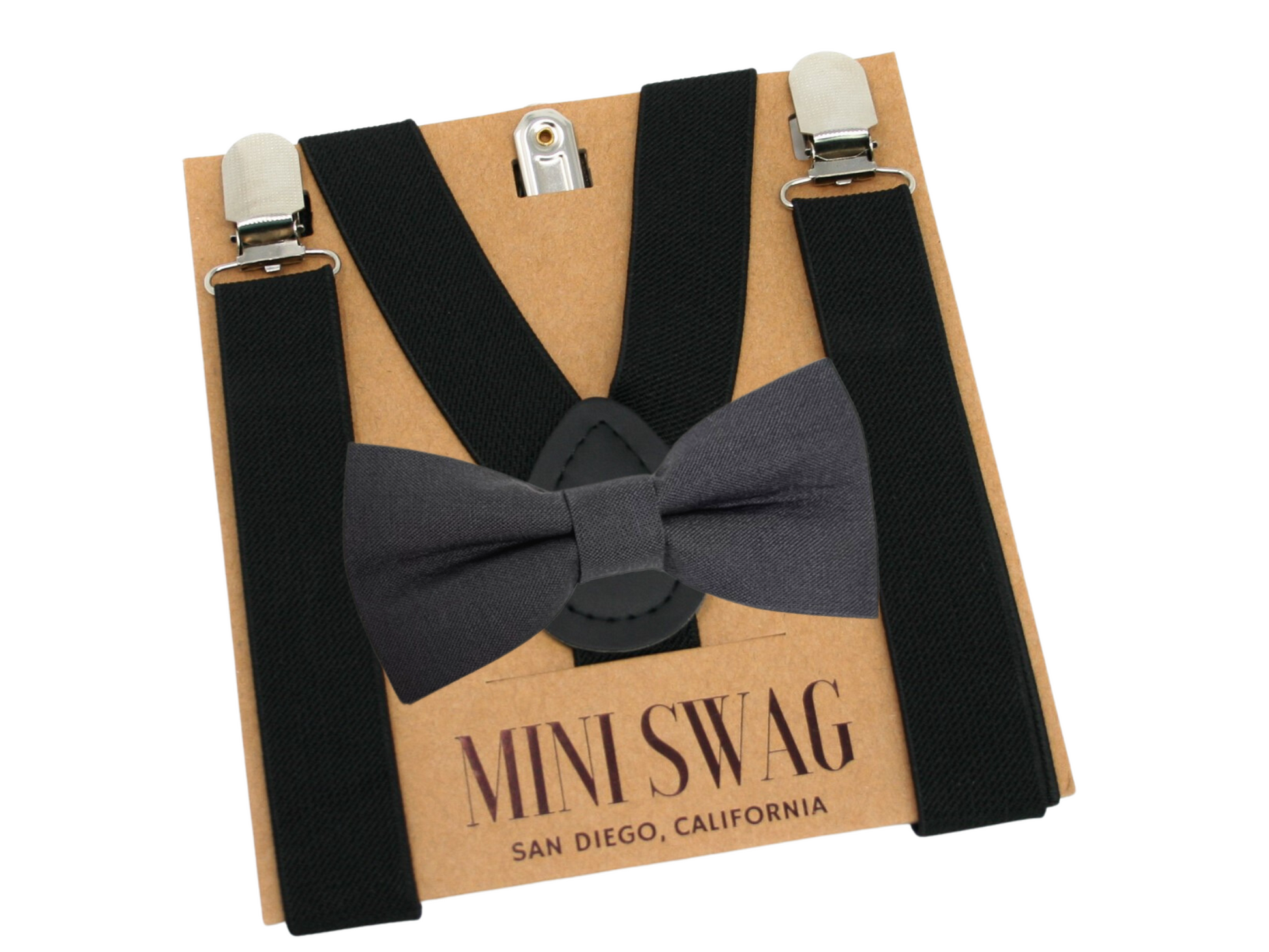 Black suspenders and Dark gray  bow tie set on a 'Mini Swag' branded card