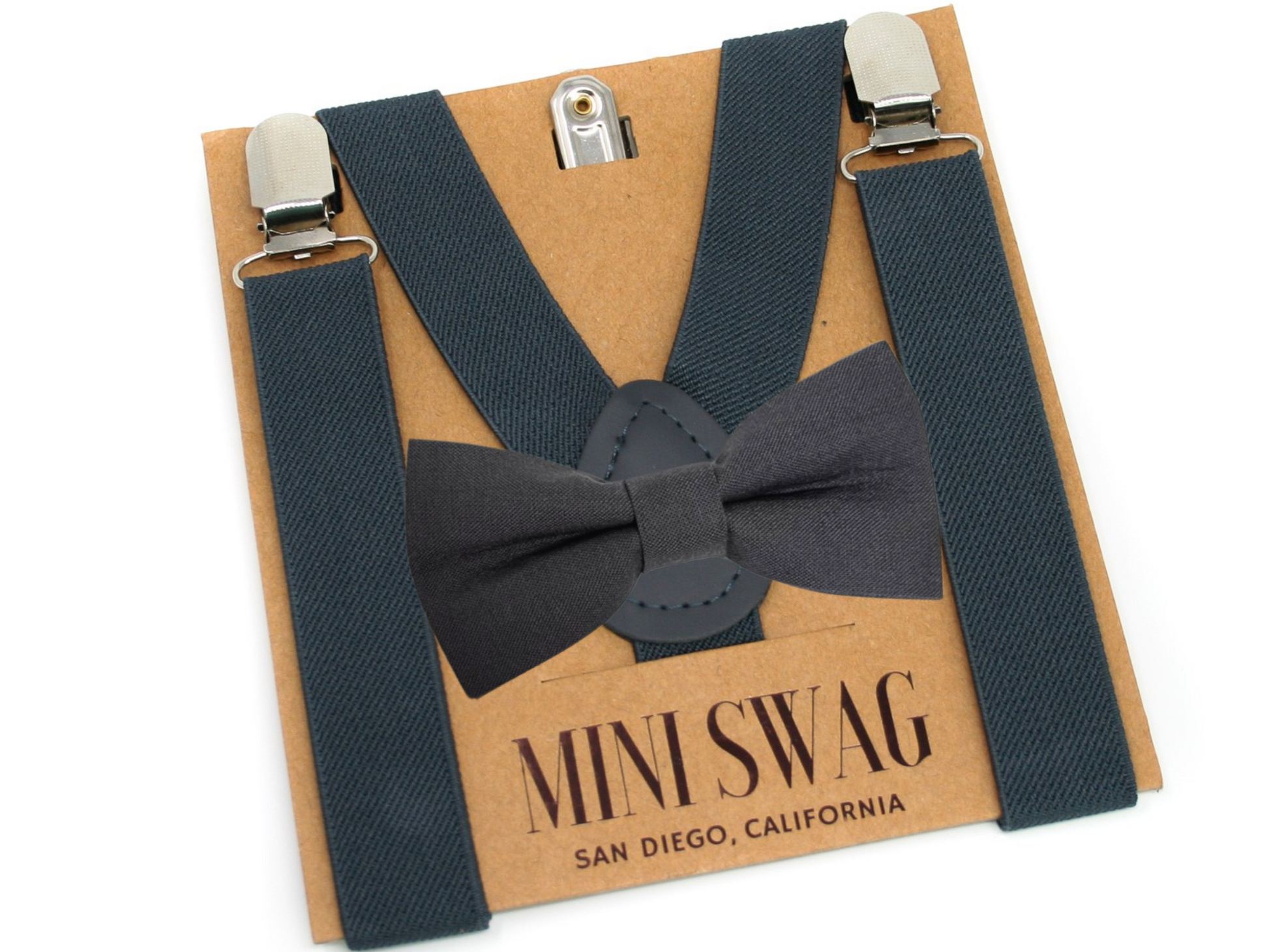 Dark gray  suspenders and bow tie set on a 'Mini Swag' branded card.