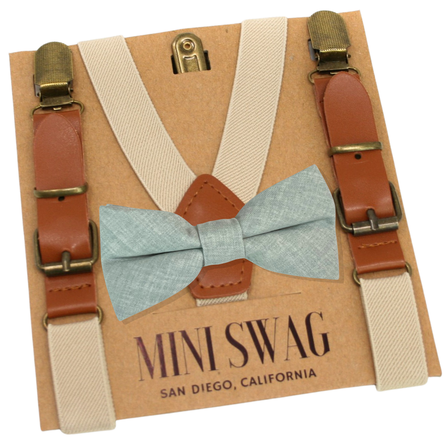 dusty sage Suspenders and bow tie set on a Mini Swag branded card