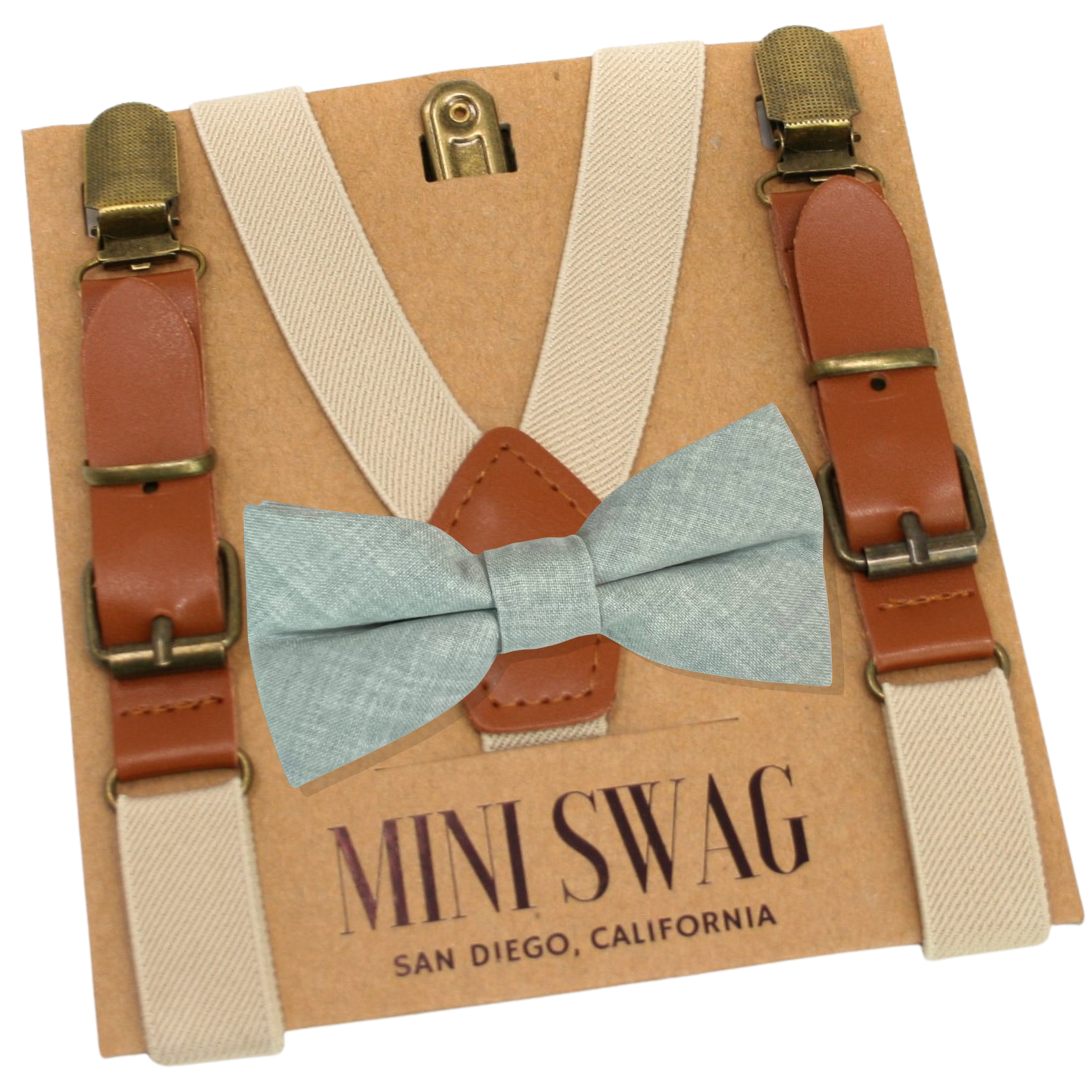 dusty sage Suspenders and bow tie set on a Mini Swag branded card