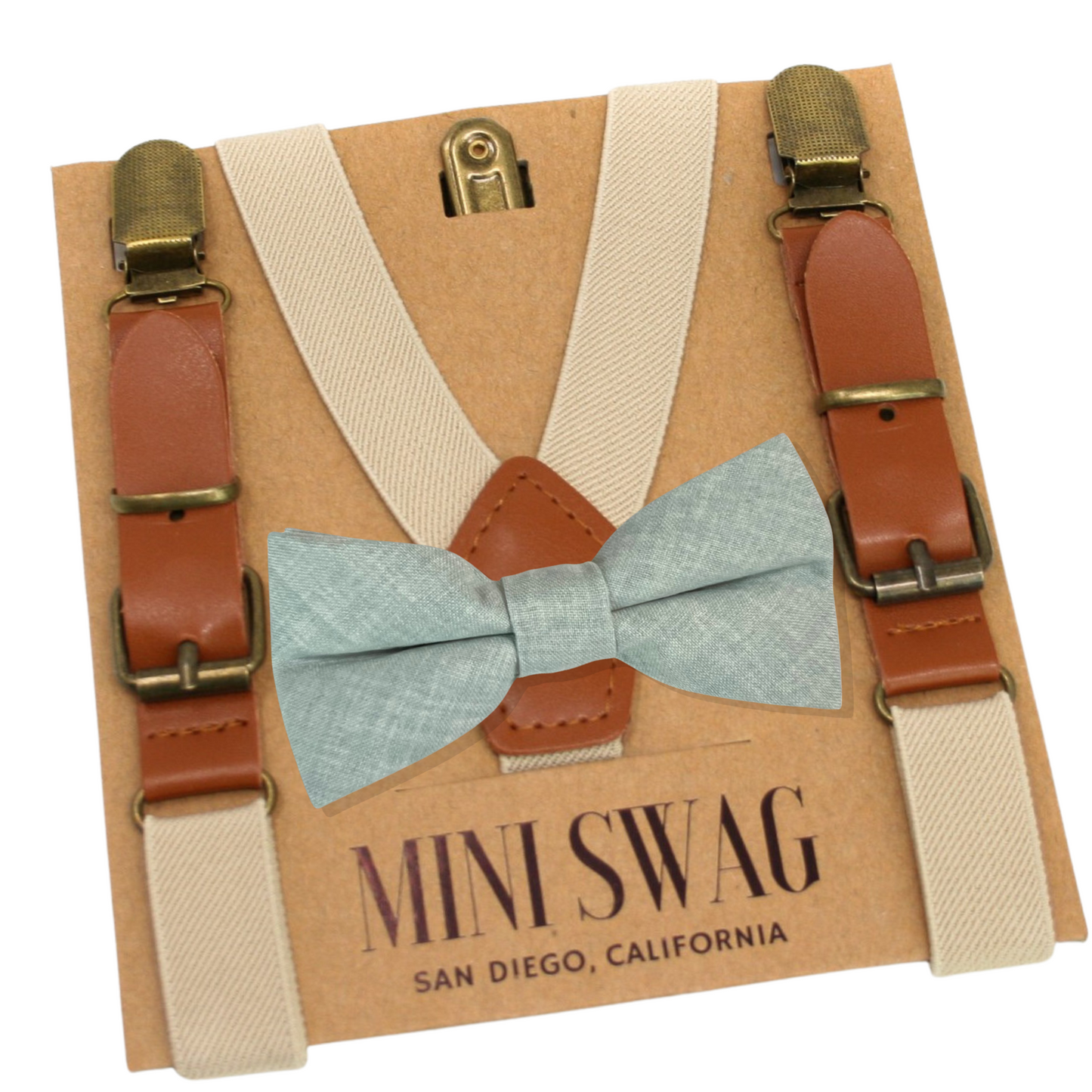Suspenders and bow tie set on a Mini Swag branded card