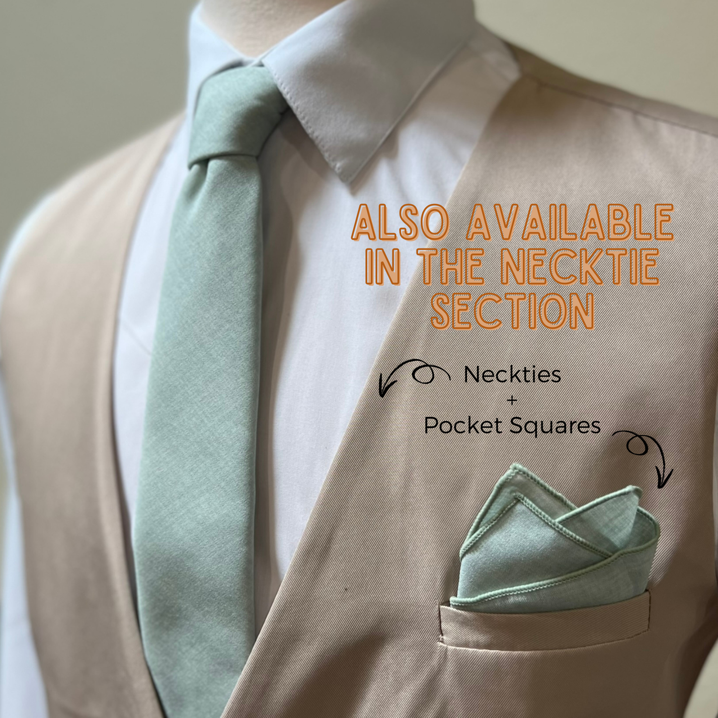 Mannequin wearing a beige suit with a dusty sage tie and matching pocket square, text indicating availability in necktie section.