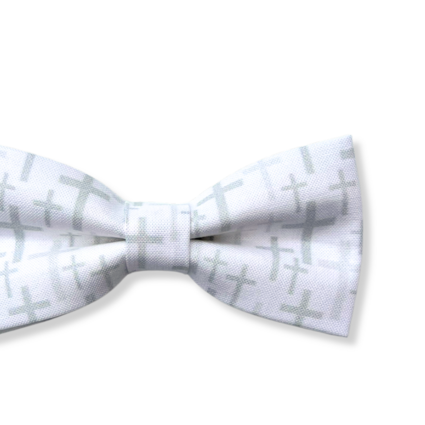 White bow tie with gray christian cross pattern on a white backgrounds 