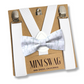 christian cross White bow tie and suspenders set on a Mini Swag branded box