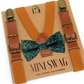 Camel Suspenders and green and gold swirl bow tie set with 'Mini Swag' branding on a cardboard backing.