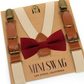 Cinnamon bow tie and tan suspenders on a 'Mini Swag' branded card.