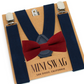 Navy suspenders with a Cinnamon bow tie on a 'Mini Swag' branded card.