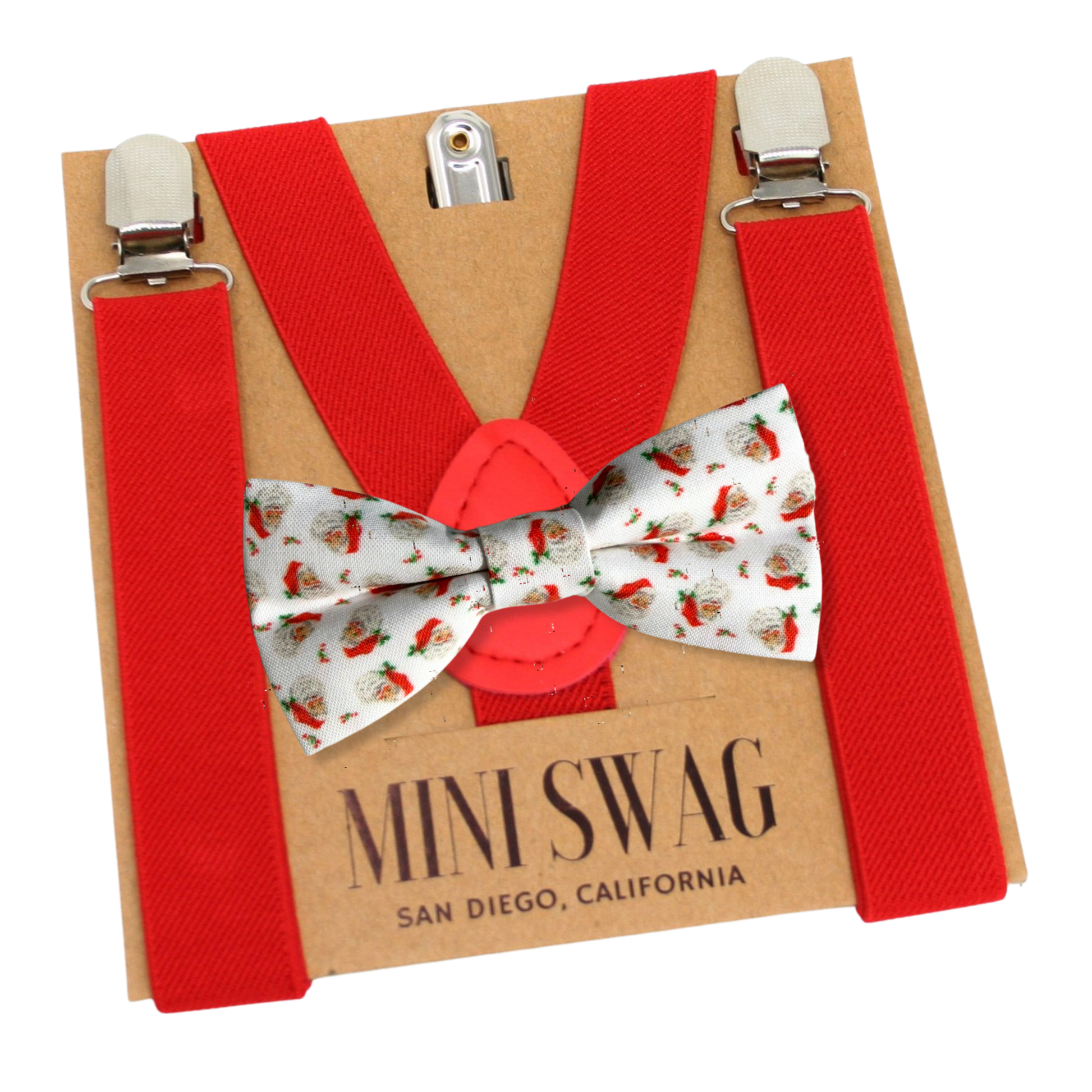Red suspenders and vintage santa  bow tie set on a Mini Swag branded card
