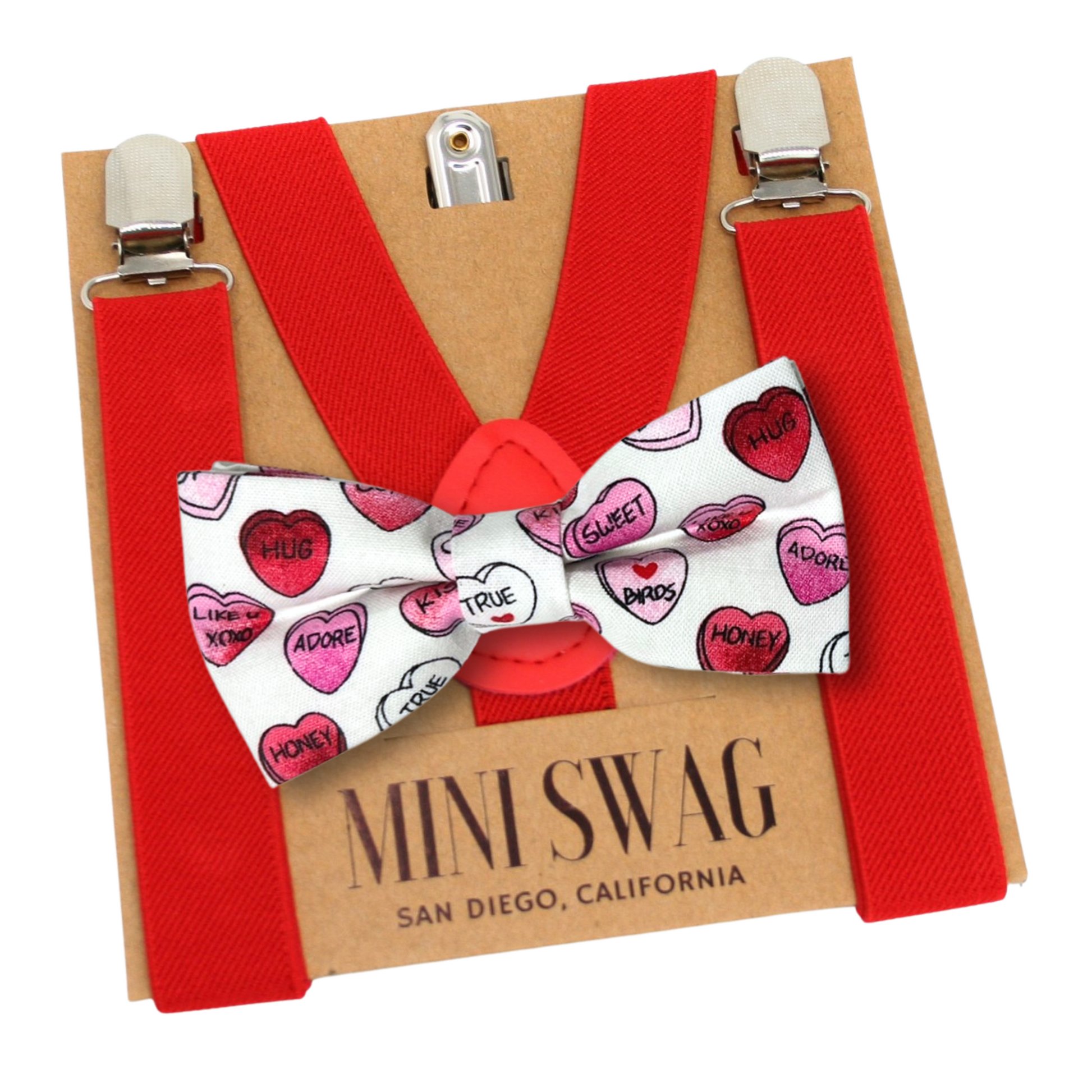 conversation heart bow tie and red suspenders