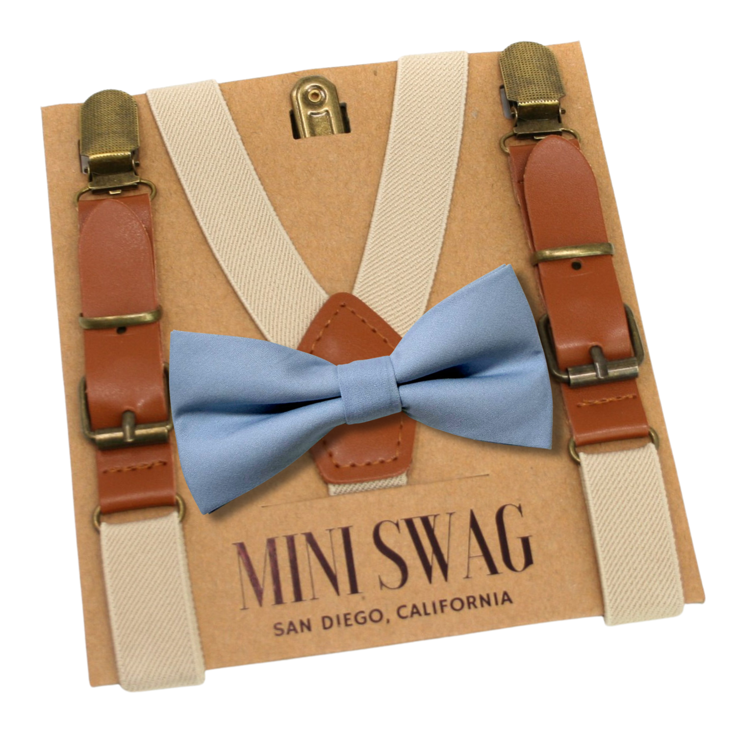 tan Suspenders and dusty blue bow tie set on a Mini Swag branded card