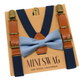 dusty blue bow tie and navy leather suspenders on a Mini Swag branded card
