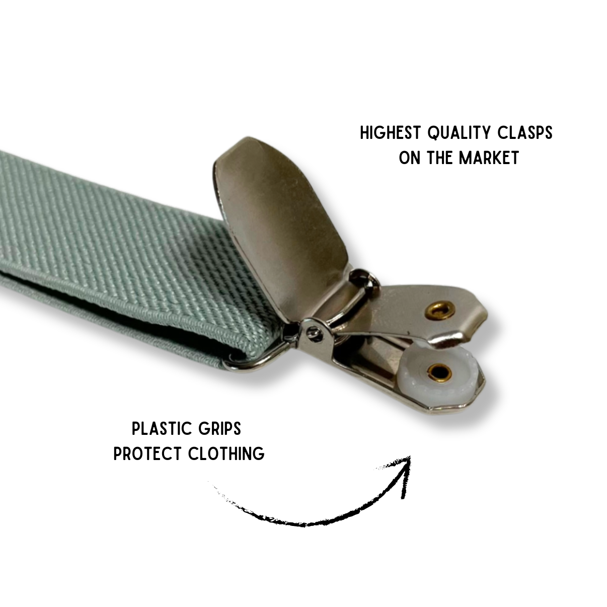 dusty sage Suspenders with a clasp on a white background, highlighting quality and protection features.