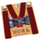 burgundy suspenders with a plaid bow tie on a 'Mini Swag' branded card.