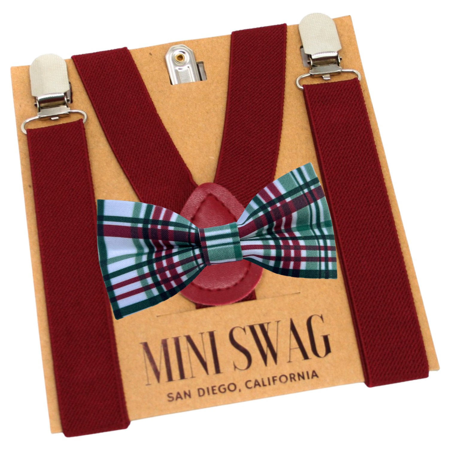 burgundy 
suspenders with a plaid bow tie on a 'Mini Swag' branded card.